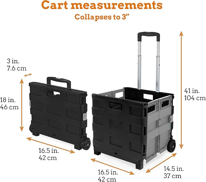 Inspired Living Ultra-Slim Rolling Collapsible Storage Pack-N-Roll Utility-carts, with Telescopic Handle, for Home, Garden, Shopping, Office, School use, Large, Grey & Black