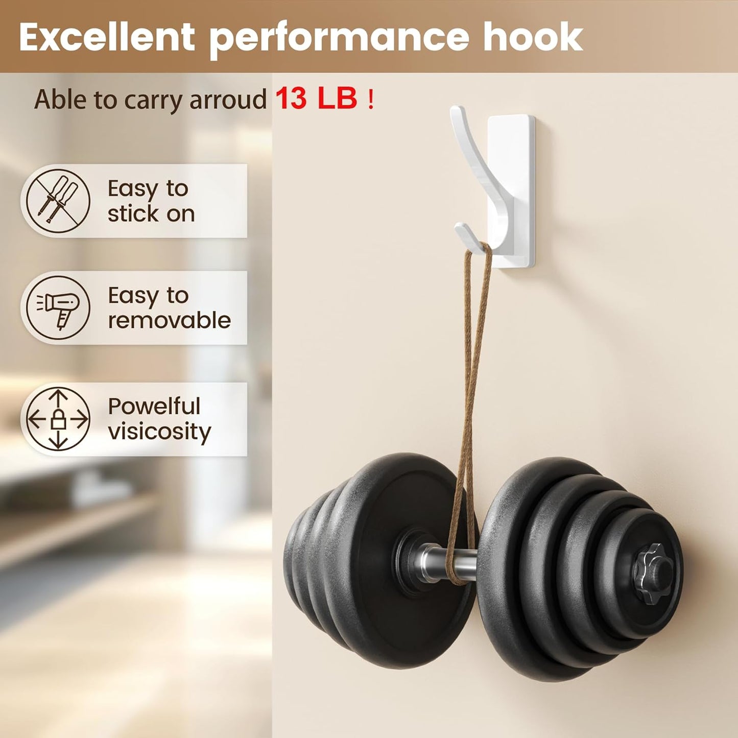 Self Adhesive Coat Hooks for Hanging, Heavy Duty Stainless Double Wall Hook for Towel, Backpack, Hat, Sturdy Metal Hanger for Bathroom, Bedroom, Door, Wall Mounted, 10 Pack, White