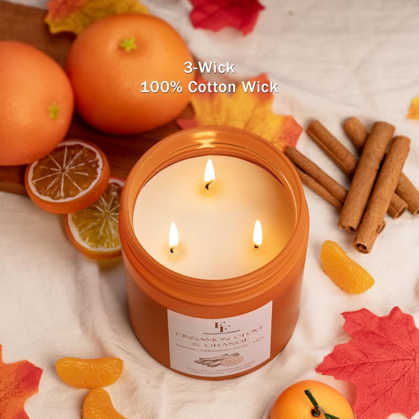Large Fall Candle Cinnamon Clove Scented, 3-Wick 22oz Long Lasting Scented Candle, Natural Soy Wax Aromatherapy Candle for Home, Autumn Candle Gifts for Women Men