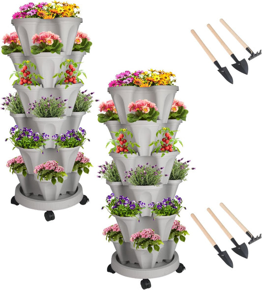 DUNCHATY Stackable Planter, Vertical Garden Planter with Wheels and Tools, Self Watering Strawberry Planter Indoor/Outdoor 6 Tier Herb Planter Pots for Growing Vegetables and Succulents,Gray