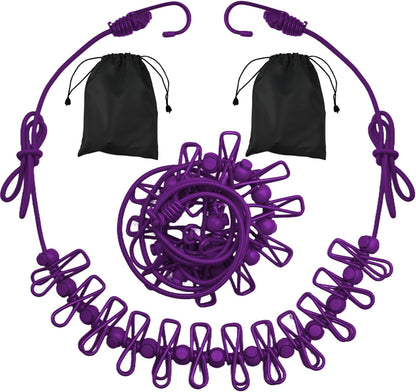 2 Pack Camping Clothesline Portable 12 Clothespins, Purple Camping Accessories Travel Clothesline for Outdoor Indoor, Retractable Clothes Line Elastic Clothesline for Camper Hotel Room