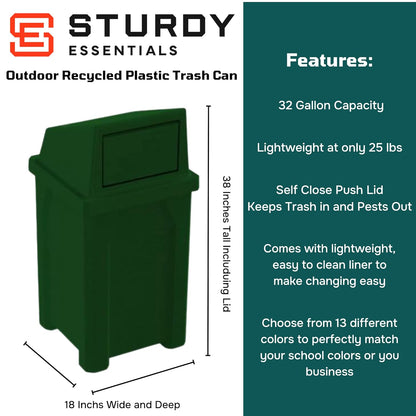 32 Gallon Square 100% Recycled Plastic Heavy Duty Outdoor Trash Can with Push Lid - Great for Schools and Businesses - Green Granite
