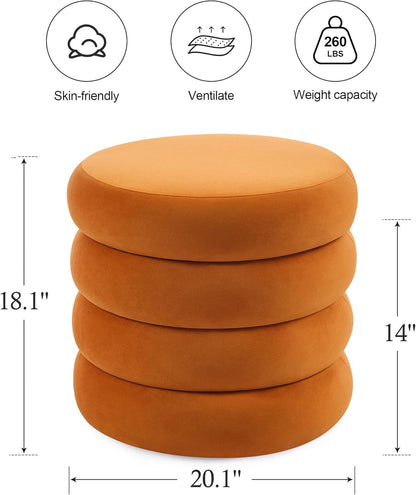 ONEVOG Round Storage Ottoman, 20" Small Ottomans Table with Removable Lid, Velvet Fabric Soft Footrest Stools for Couch, Upholstered Stuffed Circle Seat for Living Room/Bedroom/Dorm/Vanity, Orange