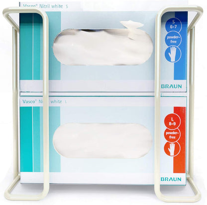 Disposable Glove and Facial Tissue Wire Rack, Dispenser, Wall Mount Design With Mounting Accessories Included, White Durable Metal Organizer Glove Dispenser for Home, Lab, Office and Food Service