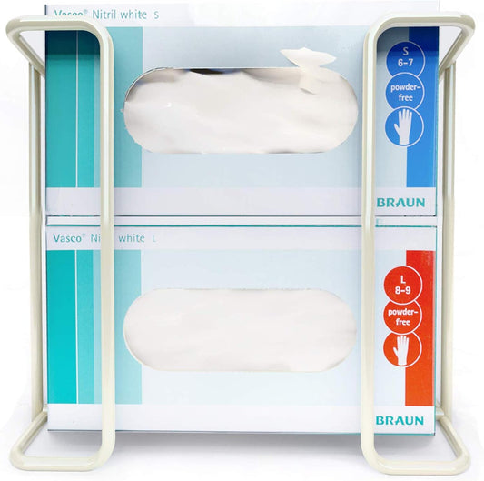 Disposable Glove and Facial Tissue Wire Rack, Dispenser, Wall Mount Design With Mounting Accessories Included, White Durable Metal Organizer Glove Dispenser for Home, Lab, Office and Food Service