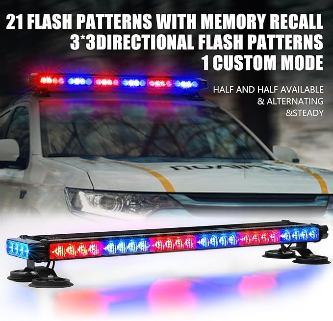 WINECO RED Blue Roof top Light bar Magnetic Flashing 56 LED Emergency Strobe Light Bar for Volunteer POV Firefighter EMS Law Enforcement Vehicles Police Cars, Double Side Safety Warning Beacon Lights