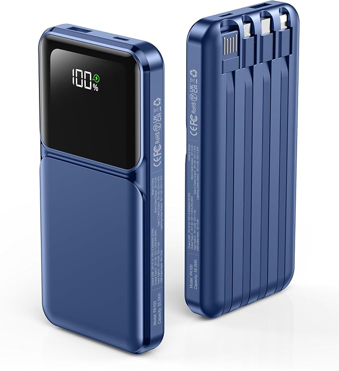 Portable Charger with Built in Cable 10000mah USB C Power Bank Fast Charging Travel Essential Battery Pack for iPhone Samsung Android iPad etc