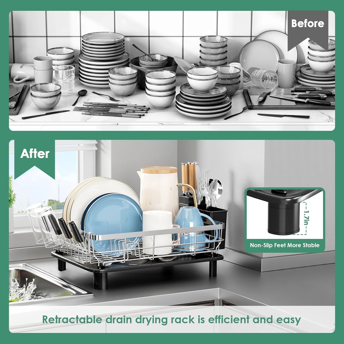 MOUKABAL Dish Drying Rack - Stainless Steel Dish Rack, Dish Racks for Kitchen Counter, Drying Rack Kitchen with Removable Utensil Holder, Drainboard and Glass Organizer (Black)