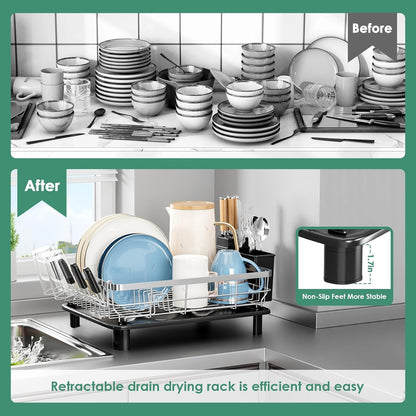 MOUKABAL Dish Drying Rack - Stainless Steel Dish Rack, Dish Racks for Kitchen Counter, Drying Rack Kitchen with Removable Utensil Holder, Drainboard and Glass Organizer (Black)