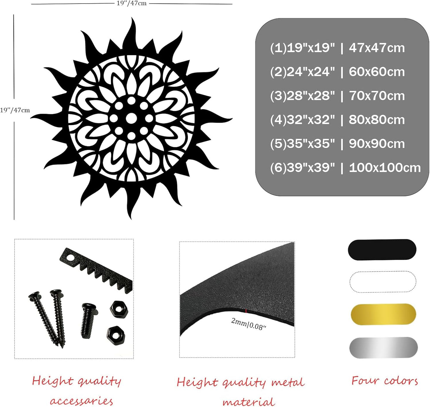 Sunburst Metal Wall Decor, Metal Sun Wall Decor, Metal Sun Flower Wall Art, Outdoor Metal Sun Wall Art, Sun Burst Wall Decor, Home Decor, Patio Decor, Wall Art for Living Room, Bedroom (Black, 35"x35"|90x90cm)