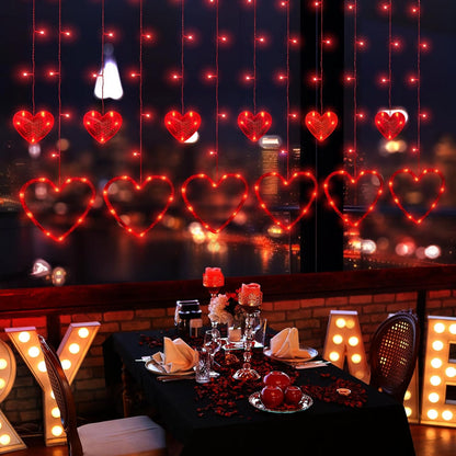 Valentines Day Decor, 138LED 12 Hearts Curtain Lights for Bedroom, Window Lights with Remote 8 Modes, USB and Battery Powered Valentines Lights for Wedding Birthday Anniversaries Party Decor (Red)