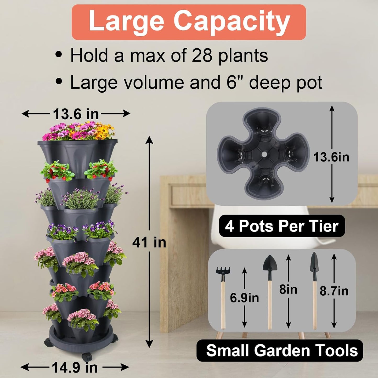 Vertical Planter 7 Tier Stackable Planters Garden Planters Strawberry Herb Flower and Vegetable Planter Indoor Outdoor Gardening Pots with Removable Wheels and Tools