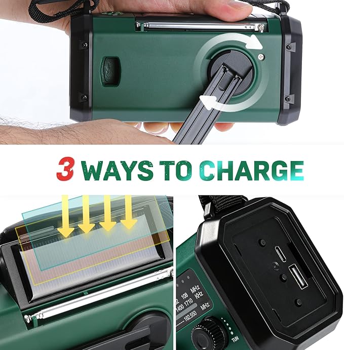 Emergency Hand Crank Radio with 10000mAh/37000mWh Battery Backup, NOAA/AM/FM Weather Radio, Type-C Charge,Solar Charging,SOS, 3 Modes LED Torch, Reading Lamp, Compass for Outdoor Survival