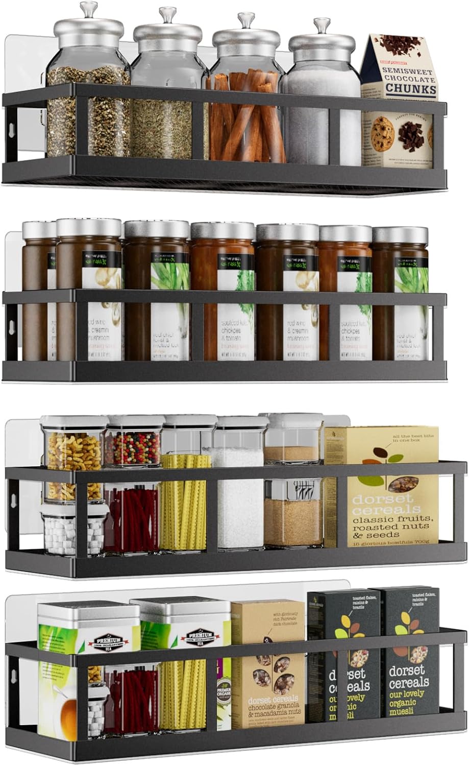 Spice Rack Wall Mounted, 4 Pack Pantry Door Organizer & Hanging Storage Baskets Organizer Wall Mount, Large Capacity Metal Spice Shelf for Kitchen Cabinet, Bathroom, Shower, Home Decor