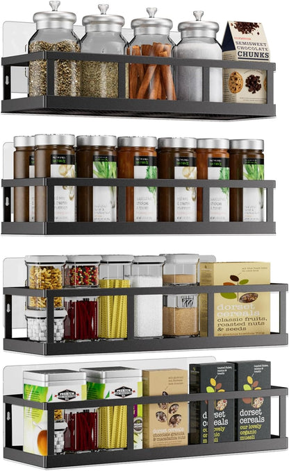 Spice Rack Wall Mounted, 4 Pack Pantry Door Organizer & Hanging Storage Baskets Organizer Wall Mount, Large Capacity Metal Spice Shelf for Kitchen Cabinet, Bathroom, Shower, Home Decor