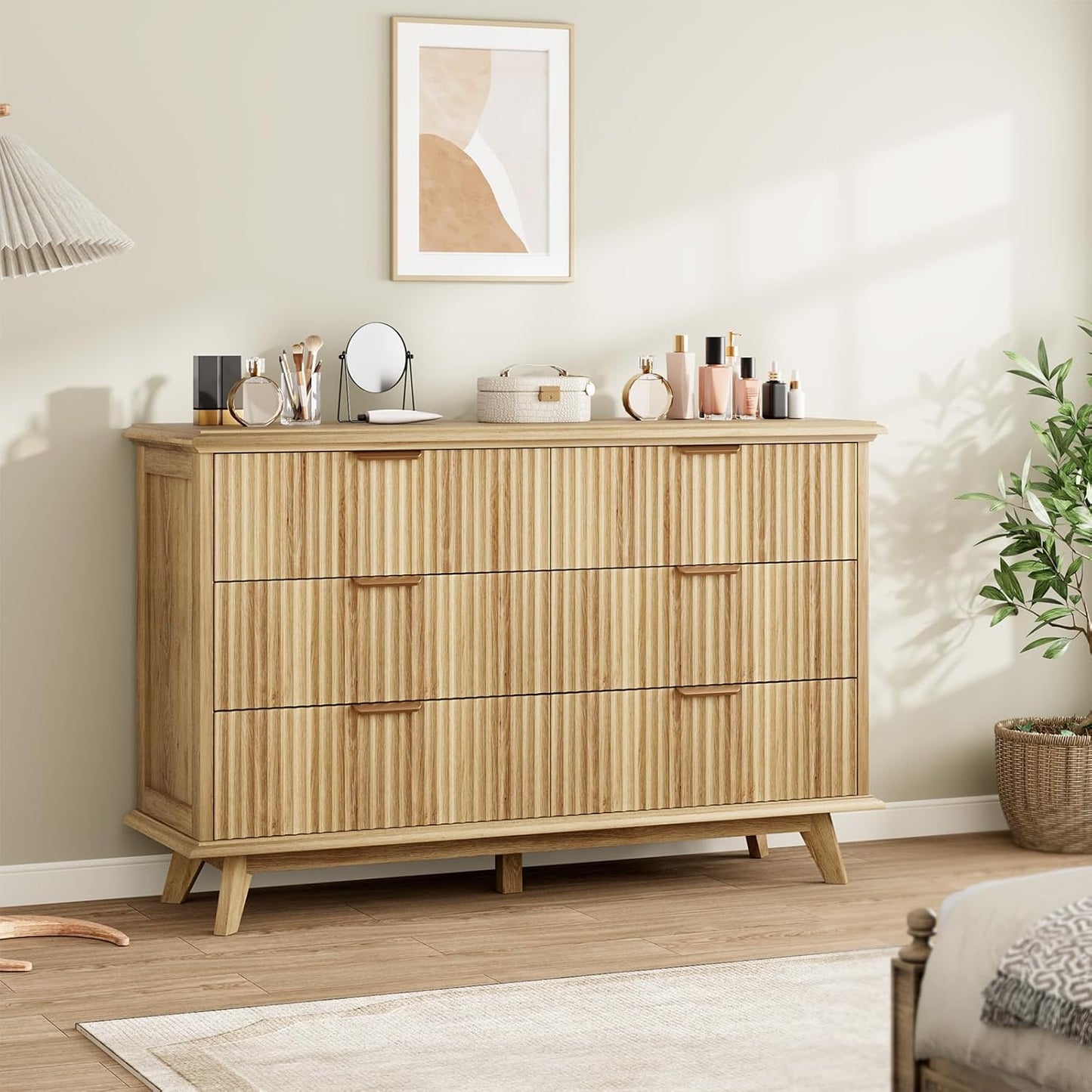 QUW Fluted Dresser for Bedroom with 6 Drawers, 47.2" Wide Modern Chest of Drawers with Metal Handle, Wooden Dresser TV Stand and Closet Clothes Storage Organizer for Living Room, Hallway, Natural Oak