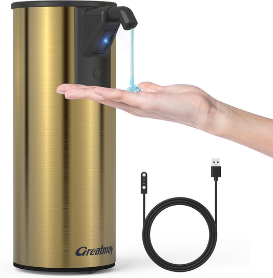 Automatic Soap Dispenser,Stainless Steel Material, Rechargeable Touchless Hand Sanitizer Pump,4 Adjustable Levels Smart Electric Dispenser,Suitable for Bathroom,Kitchen (Gold)