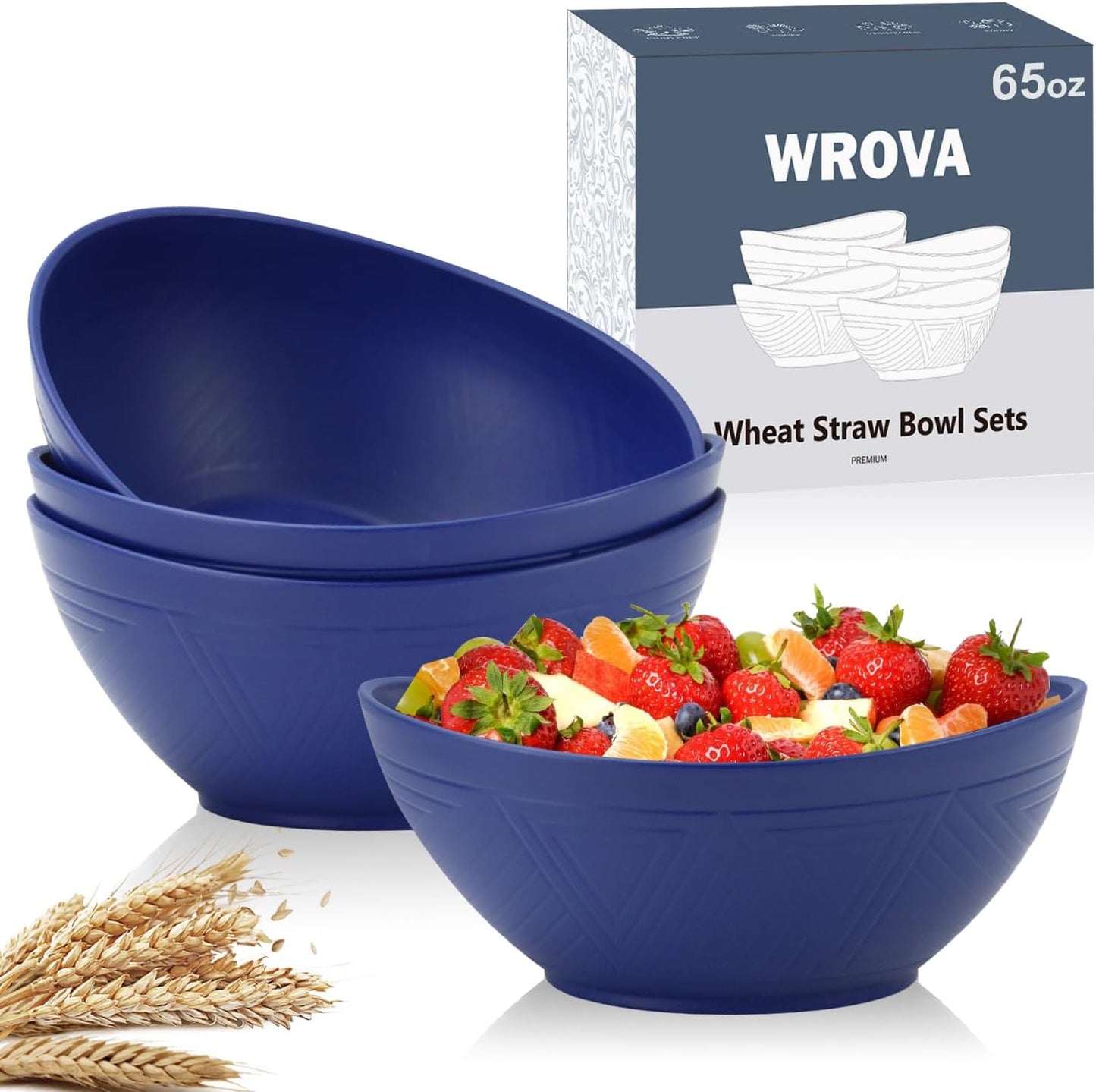 65oz Large Salad Bowls Deep Blue - Wheat Straw Serving Bowls Set of 4 - Unbreakable Serving Bowls Dishware & Microwave Safe - BPA Free Bowl for kitchen,camping