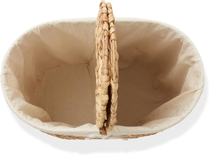 Casafield Oval Laundry Hamper with Lids and Removable Liner Bags - Natural, Woven Water Hyacinth 2-Section Laundry Basket Sorter for Clothes and Towels