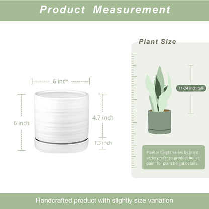 6 Inch Plant Pots, Ceramic Planter Pot with Drainage Hole & Saucer, Indoor/Outdoor Cylinder Round Planter Pot, Matte White