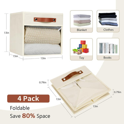 HNZIGE Fabirc Storage Cubes Bin 13x15x13 Clear Storage Cube, 4 Pack Foldable Cloth Cubby Storage Bins for Cube Organizer Closet Cabinet, Large Fabric Storage Bins for Shelves Organizer Bins- Cream