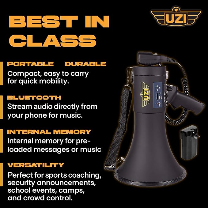 Uzi High Power Loud Big Bluetooth Megaphone 50W, Professional Bullhorn Megaphone Used by First Responders, Police & Agencies, Rechargeable Battery, PA System, Outdoor Activitie
