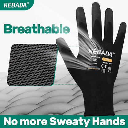 Kebada W1 Work Gloves for Men and Women, PU Coated Safety Gloves with Grip, Touchscreen, Ideal for Warehouse Package Handling, Construction, Gardening, Black Medium