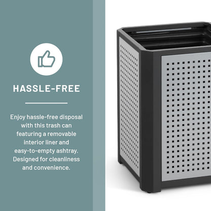 Safco Evos Steel Trash Can, 15 Gallons, Indoor and Outdoor Use, Heavy Duty Garbage Can with Plastic Liner and Ashtray