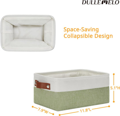 DULLEMELO Small Storage Basket, Fabric Collapsible Gift Storage Basket for Shelves, Closets, Nursery, Home, Office Organizing, Small Canvas Linen Rectangular Storage Bin with Handles (White&Green)