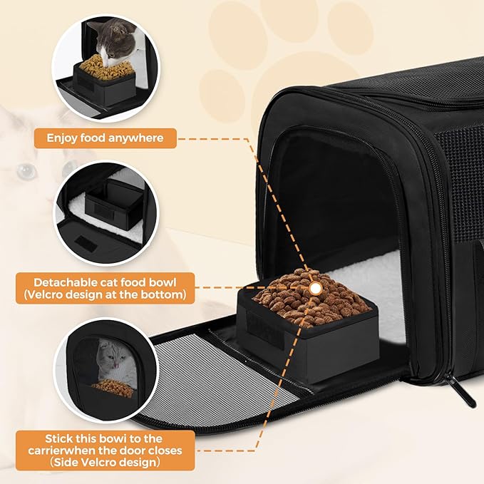 Cat Carrier Soft for Pets Up to 25 Lbs, Cat Travel Bag with Padded Shoulder Strap and Detachable Cat Food Bowl, Pet Dog Carriers for Small Dogs Travel Puppy Carry Airline Approved, Black