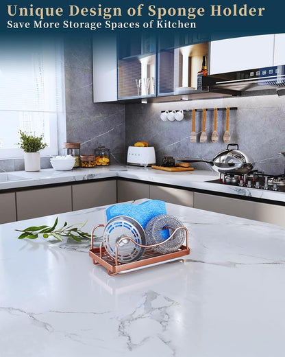 Consumest Sponge Holder for Kitchen Sink - Movable Sink Caddy for Countertop Organizer, 304 Stainless Steel Sponge Holder with Detachable Drip Tray for Kitchen Accessories, Rose Gold