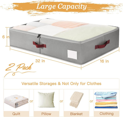 Criusia Under Bed Storage Bins with Clear PVC Lids – 2 Pack Large Underbed Organizers with Heavy-Duty Handles, Reinforced with 800G PP Panels & 80G Non-Woven Fabric – Waterproof & Foldable, Gery