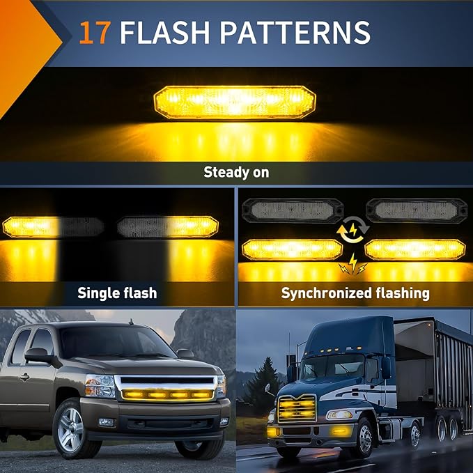 Nilight 4PCS 6LED Amber Emergency Strobe lights 12V 24V Surface Mount Flashing Warning Hazard Light Ultra Slim Sync Feature Grille for Cars Trucks Van Off Road Vehicles SUV