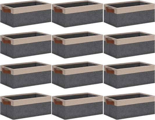 GhvyenntteS Small Fabric Storage Bins 12 Pack, 11.8" x 7.87" x 5.11" Storage Basket with Leather Handles, Closet Storage Bins for Shelves, Storage Baskets for Shelves, DVD Storage (Grey&Beige Yellow)