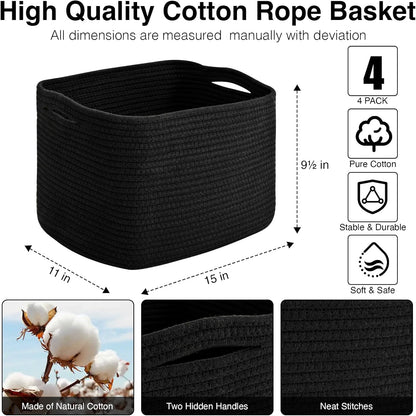 Storage Baskets for Organizing & Shelves, Woven Cotton Rope Organization Bins for Dog Toys, Clothes, Books, Nursery Organizer, 15" Lx11''Wx9.5''H, (4 Packs) Black