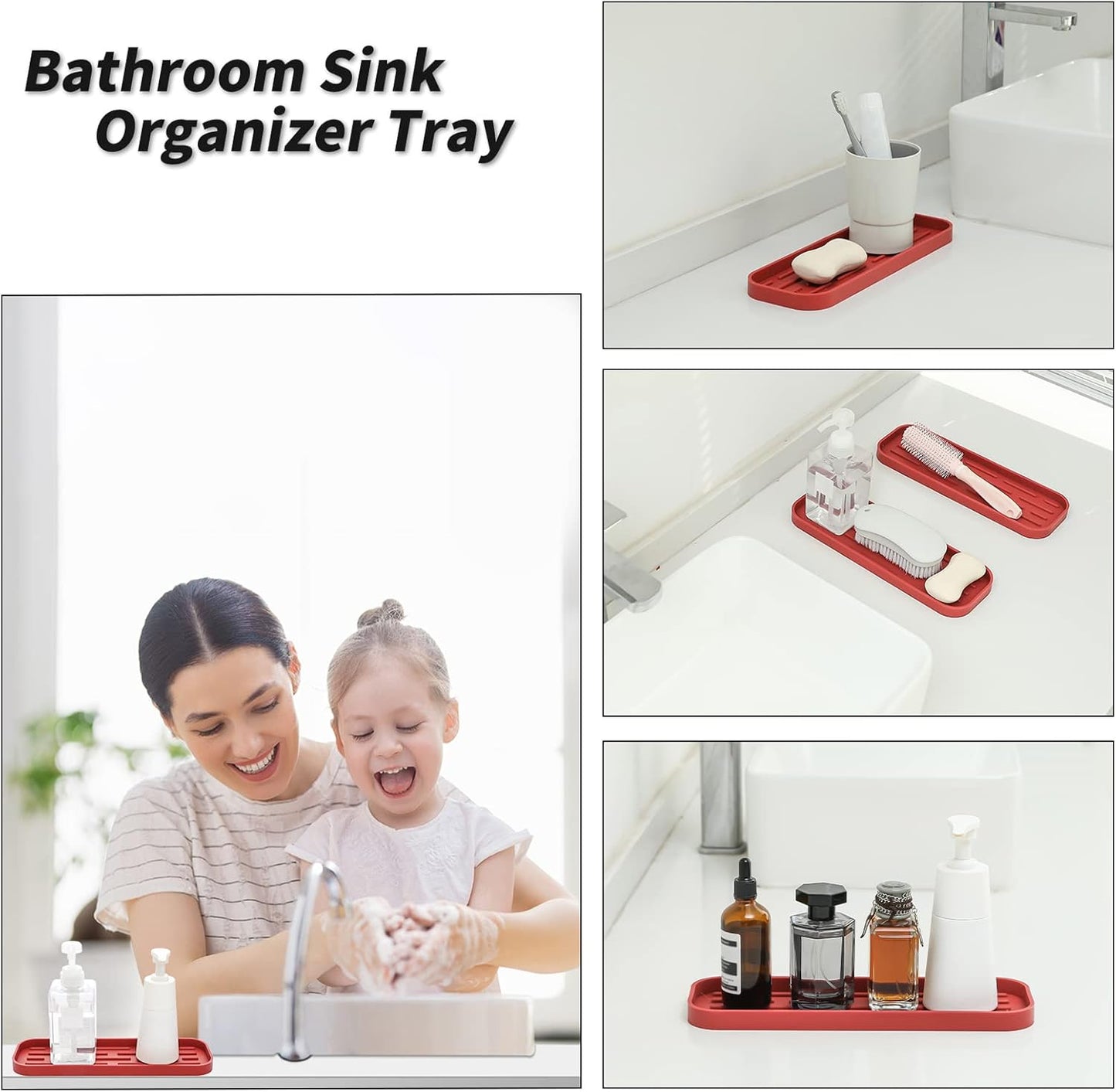Silicone Kitchen Sink Organizer Tray for Multiple Usage,Eco-Friendly Sponges Holder for Kitchen Bathroom Counter or Sink,Dish Soap Dispenser,Scrubber,Bottle,Cup (Red, 12"×4")
