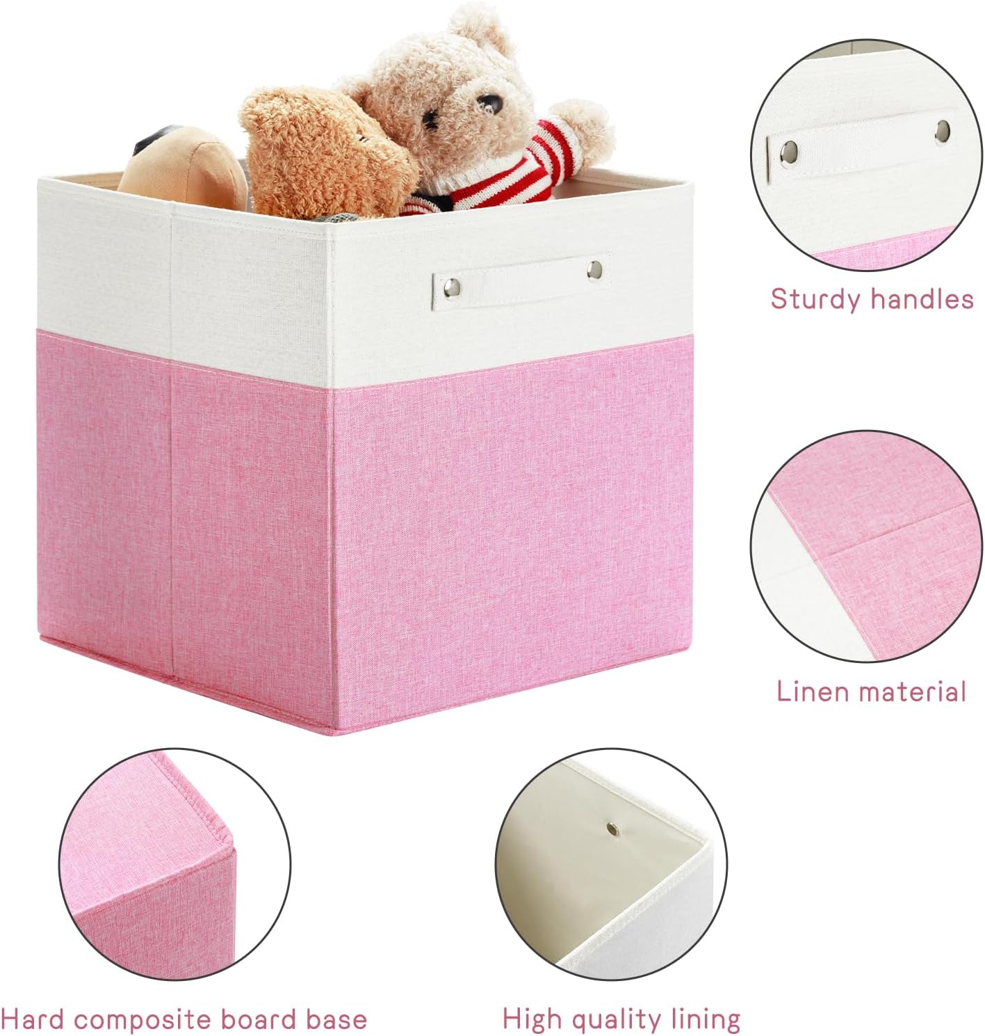 13 x 13 Inch Fine Linen Storage Bins with Handles，Fabric Cube Boxs，Collapsible Basket Organizers for Shelves for Home, Closet Drawers (White/Pink-6 Pack)
