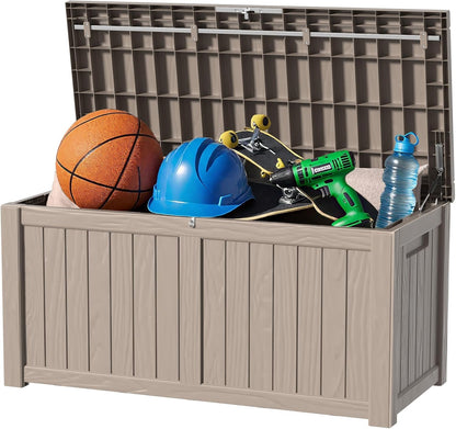120 Gallon Outdoor Storage Box - Waterproof Resin Deck Box with Stainless Steel Rods - Lockable & UV Resistant Storage Bin for Patio Cushions & Garden Tools - Stylish Grey Design