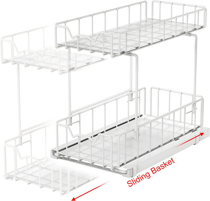 Simple Houseware 2-Tier Spice Rack Slide Out Wire Basket Drawer Organizer, White