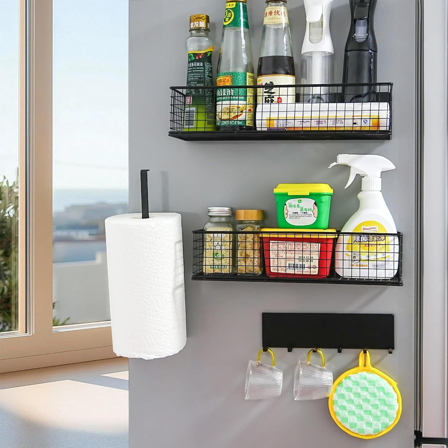 Magnetic Spice Rack for Refrigerator Magnetic Fridge Shelf for Kitchen Spice Organizer Magnetic Shelf, Classic Grid Design, 2*Spice Racks, 1*Hooks Rack, 1*Paper Towel Holder, 5*Removable Hooks