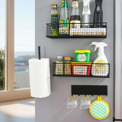 Magnetic Spice Rack for Refrigerator Magnetic Fridge Shelf for Kitchen Spice Organizer Magnetic Shelf, Classic Grid Design, 2*Spice Racks, 1*Hooks Rack, 1*Paper Towel Holder, 5*Removable Hooks