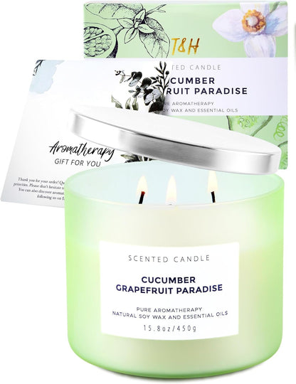 Cucumber Grapefruit Paradise 3-Wick Scented Candle | Large Soy Candle for Home 15.8 oz | Fresh Fruity Citrus Summer Aromatherapy Candle, Long Lasting Stress Relief & Relaxation Candles for Men & Women