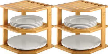 2-Pack Plate Organizer for Cabinet - Bamboo Corner Shelf for Kitchen or Bathroom Storage, Space-Saving Rack for Dishes, Countertop, Cabinet, Pantry - Organization & Housewarming Gift