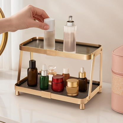YUPER Bathroom Counter Organizer, 2-Tier Bathroom Organizers and Storage, Large Makeup Storage Shelf Vanity Tray Perfume Organizer, Bedroom Kitchen Corner Counter Storage Sink Shelf Gold
