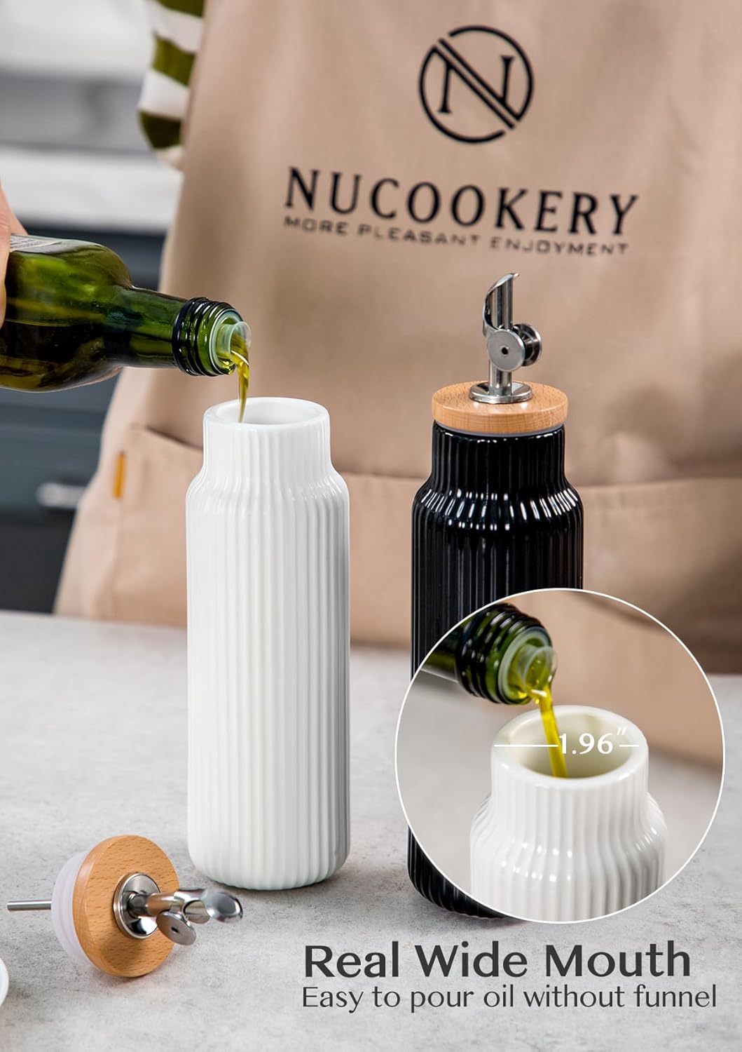 Nucookery Ceramic Olive Oil Dispenser Bottle for Kitchen, 14 oz Opaque Vinegar Dispenser Bottle, Large Capacity Cooking Oil Container for Storage Vinegar, Soy Sauce, Coffee Syrup, White