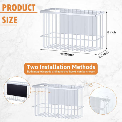 3 Pcs Magnetic or Adhesive Refrigerator Organizer Magnetic Baskets Kitchen Holder for Refrigerator Metal Shelf Rack Storage with 2 Types of Installation(White)