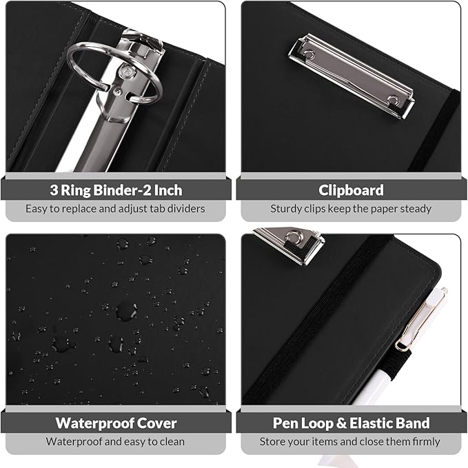 SKYDUE 3 Ring Binder with Clipboard, 2 Inch PU Heavy Duty Binder with Notepad & 5 Dividers with 5 Pockets, Labels, Clipboard Folder Great for School Office(Fit Letter Sized Paper)