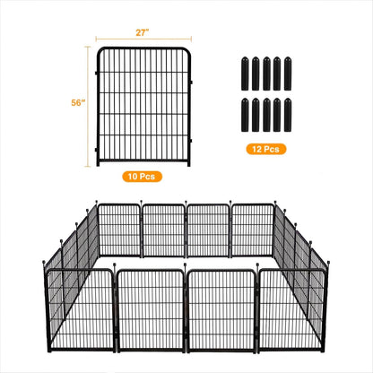 Doorless 56in(H) Black Metal Garden Fences and Borders, 10 Panels Total 22.1 Ft(L), Garden Fence for Dogs, Animal Barrier Fence, Fencing for Flower Beds, Dog Digging Fence Barrier