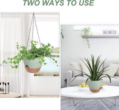 Hanging Planters for Indoor Outdoor Plants, 2 Pack Self Watering Hanging Pot with Drainage Holes & Removable Tray (Green, 6'')