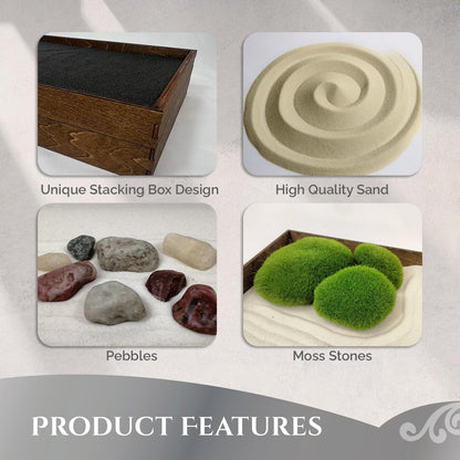 Wooden Stackable Zen Garden | Desert Luxe Sand with Rake & Accessories | Minimalist Decor Gift for Relaxation